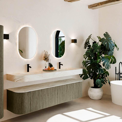 MONDIAZ THOR-DLUX Meuble de salle de bains - 190cm - arrondi gauche + droite - couleur Shadow - 2 tiroirs et 2 portes - Vasque suspendue CLOUD Double 2 trous de robinet - couleur Ostra