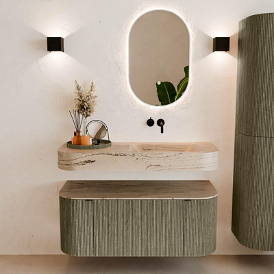 MONDIAZ THOR-DLUX Meuble de salle de bains 110cm arrondi gauche + droite couleur Shadow avec 1 tiroir et 2 portes. Vasque suspendue CLOUD Droite sans trou de robinet couleur Arena.