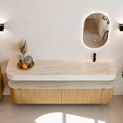 MONDIAZ THOR-DLUX 200cm meuble de salle de bains arrondi gauche + droite couleur Oak avec 2 tiroirs et 2 portes. Vasque suspendue CLOUD Droite 1 trou de robinet couleur Meli.