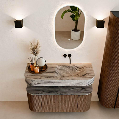 MONDIAZ THOR-DLUX 110cm badmeubel ronding links + rechts kleur Walnut met 1 lade en 2 deuren. Vrijhangende wastafel CLOUD Rechts zonder kraangat kleur Sombra.
