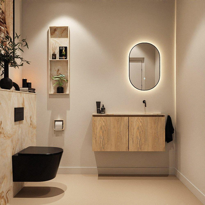 MONDIAZ TURE-DLUX Meuble toilette - 100cm - Washed Oak - EDEN - vasque Frappe - position droite - sans trou de robinet