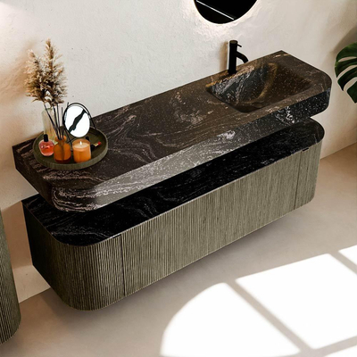 MONDIAZ THOR-DLUX 160cm meuble de salle de bains arrondi gauche + droite couleur Shadow avec 1 tiroir et 2 portes. Vasque suspendue CLOUD droite 1 trou de robinet couleur Lava.