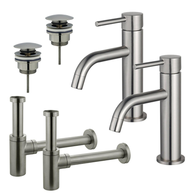 FugaFlow Eccelente Sobrado Slim Kit robinet lavabo - pour double vasque - robinet bas - bonde clic clac - siphon design - Inox brossé PVD