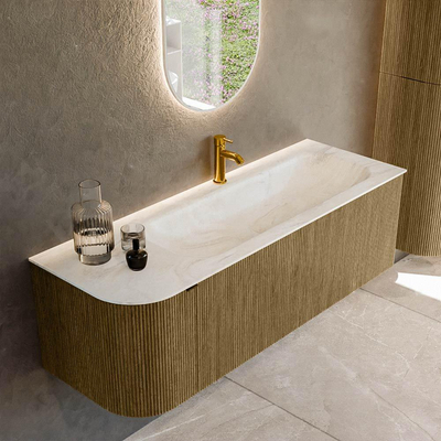 Mondiaz KURVE-DLUX Badkamermeubelset - 135x46x40cm - 1 lade - 1 deur - wastafel solid surface - rechts - 1 kraangat - Dusk