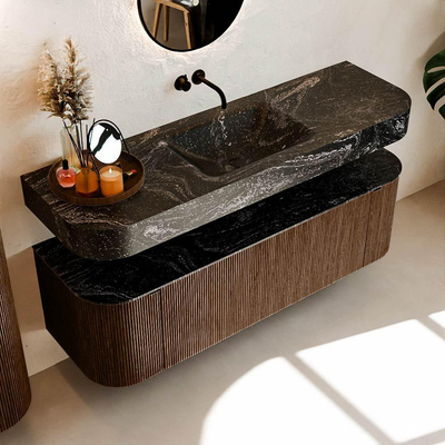 MONDIAZ THOR-DLUX 150cm meuble de salle de bains arrondi gauche + droite couleur Walnut avec 1 tiroir et 2 portes. Vasque suspendue CLOUD Milieu sans trou de robinet couleur Lava.