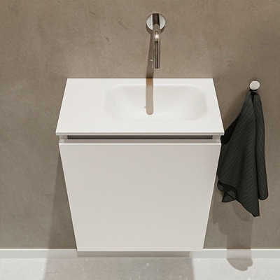 MONDIAZ TURE Fonteinset - 40x23x50cm - 0 kraangaten - 1 deur - linen mat - Wasbak rechts - Solid Surface Wit