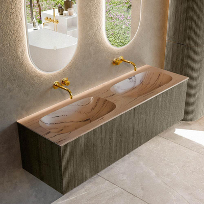 MONDIAZ KURVE-DLUX Meuble de salle de bains 150 cm couleur Shadow avec 2 tiroirs et 0 portes. Plan vasque STOR SMALL Double sans trou de robinet Arena.