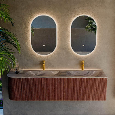 MONDIAZ KURVE-DLUX meuble de salle de bains 165cm arrondi à gauche couleur Ruby avec 2 tiroirs et 1 porte. Lavabo STOR SMALL Double / Bol à droite 2 trous de robinet Sombra.