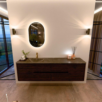 Mondiaz CIRO-DLUX Meuble de salle de bains - 180x45x50cm - Lavabo solid surface Lava - 1 vasque à gauche - 1 trou pour robinet - 4 tiroirs - Noyer
