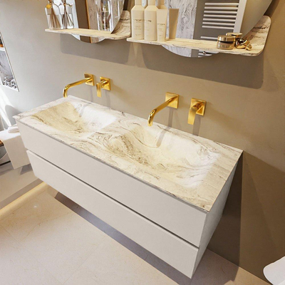 Mondiaz VICA-DLUX Ensemble de meuble de salle de bain - 130cm - meuble sous-vasque lin - 2 tiroirs - lavabo encastrée nuage double - sans trous de robinet - version haute de 60cm - glace