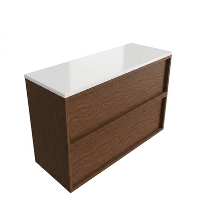 Saniclass Holz Frame Ensemble de meubles de salle de bains - 120x45x62.5cm - plan vasque Torino en solid surface blanc - sans trou de robinetterie - 2 tiroirs - walnut pure mat (bois)