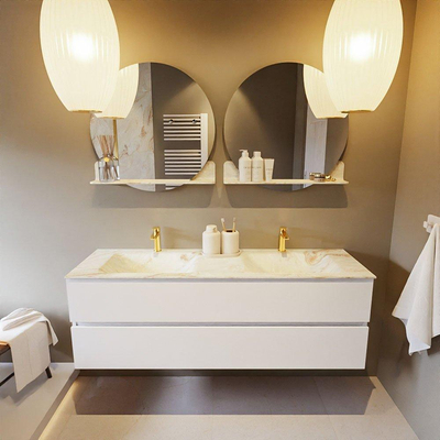 Mondiaz VICA-DLUX ensemble de meuble de salle de bain - 150cm - meuble sous-vasque talc - 2 tiroirs - lavabo encastré cloud double - 2 trous de robinet - version haute de 60cm - frape