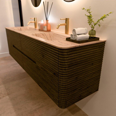 Mondiaz CIRO-DLUX Meuble de salle de bains - 180x45x50cm - Plan vasque solid surface Arena - 2 vasques double - 2 trous de robinet - 4 tiroirs - Shadow