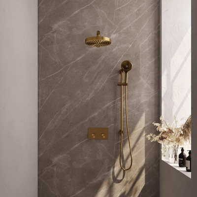 BRAUER Stripe Thermostatische Inbouw Regendouche - drukknoppen - 25cm douchekop - rechte muurarm - 3-standen handdouche - doucheslang - geïntegreerde glijstang - goud geborsteld PVD