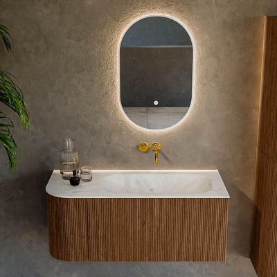 MONDIAZ KURVE-DLUX 105cm Meuble salle de bain avec module 25 G - couleur Walnut - 1 tiroir - 1 porte - vasque BIG SMALL droite - sans trou de robinet - couleur Opalo