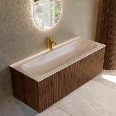 MONDIAZ KURVE-DLUX Meuble de salle de bains 120cm couleur Walnut avec 1 tiroir et 0 porte. Lavabo BIG LARGE Central 1 trou de robinet Meli.