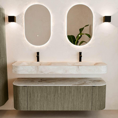 MONDIAZ THOR-DLUX 150cm meuble de salle de bains arrondi gauche + droite couleur Shadow avec 1 tiroir et 2 portes. Vasque suspendue CLOUD Double 2 trous de robinet couleur Frappe.