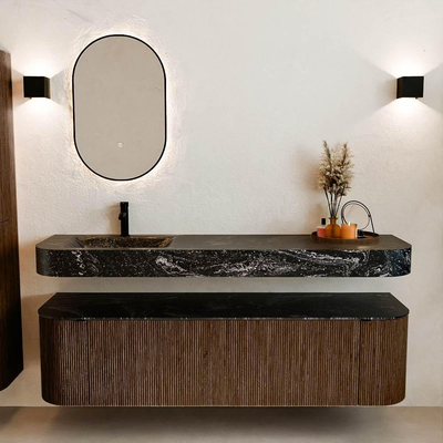 MONDIAZ THOR-DLUX 170cm badmeubel ronding links + rechts kleur Walnut met 1 lade en 2 deuren. Vrijhangende wastafel CLOUD Links 1 kraangat kleur Lava.