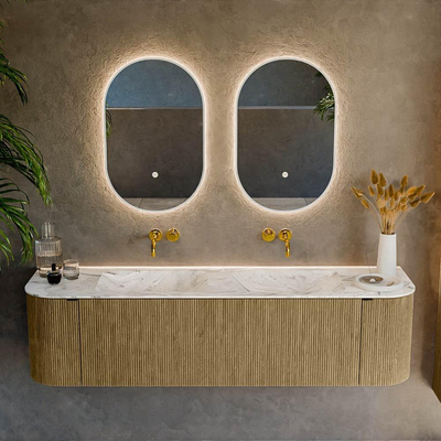 Mondiaz KURVE-DLUX Ensemble de meuble salle de bain - 170x46x40cm - 1 tiroir - 2 portes - lavabo en solid surface - double - sans trou de robinet - Dusk