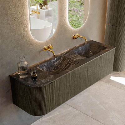 Ensemble de meuble de salle de bain Mondiaz KURVE-DLUX - 155x46x40cm - 2 tiroirs - 1 porte - lavabo en solid surface - double / droite - sans trou de robinet - Shadow