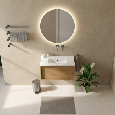 Saniclass Holz Frame Ensemble de meubles de salle de bains - 80x45x42cm - Lavabo Vygo en céramique blanc - 1 vasque - sans trou de robinetterie - 1 tiroir - chêne naturel mat (bois)