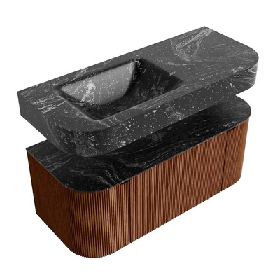 MONDIAZ THOR-DLUX 110cm meuble de salle de bains arrondi gauche + droite couleur Ruby avec 1 tiroir et 2 portes. Vasque suspendue CLOUD gauche sans trou de robinet couleur Lava.