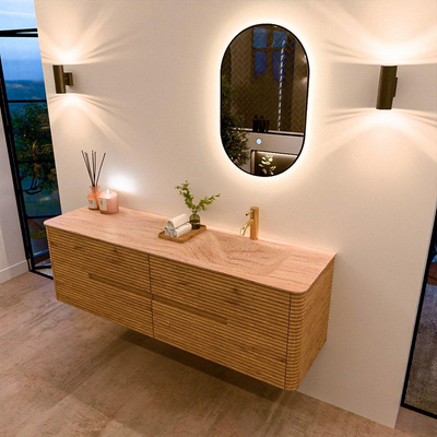 Mondiaz CIRO-DLUX Meuble de salle de bains - 160x45x50cm - Plan vasque en solid surface Saba - 1 vasque à droite - 1 trou de robinet - 4 tiroirs - Chêne