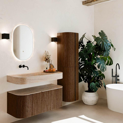 MONDIAZ THOR-DLUX 110cm badmeubel ronding links + rechts kleur Walnut met 1 lade en 2 deuren. Vrijhangende wastafel CLOUD Links zonder kraangat kleur Saba.