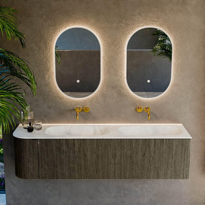 Mondiaz KURVE-DLUX Ensemble de meuble de salle de bains - 165x46x40cm - 2 tiroirs - 1 porte - lavabo solid surface - double / droite - sans trou de robinet - Shadow