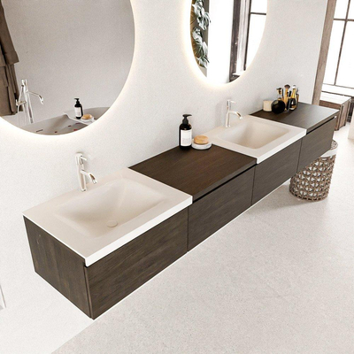 MONDIAZ BUKLA 240cm badmeubel met module 60 rechts kleur Dark Brown met 4 lades. Wastafel CLOUD dubbel 2 kraangaten kleur Talc.