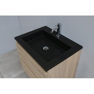 Basic Bella Meuble salle de bains avec lavabo acrylique Noir avec armoire toilette 1 porte gris 60x55x46cm 1 trou de robinet Chêne