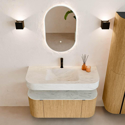 MONDIAZ THOR-DLUX Meuble de salle de bains 110cm arrondi gauche + droite couleur Oak avec 1 tiroir et 2 portes. Vasque suspendue CLOUD Milieu 1 trou de robinet couleur Opalo.