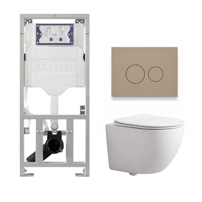 Pack WC QeramiQ Dely Swirl Compact - réservoir encastrable Geberit UP320 - avec bâti-support Burda - abattant slim - plaque de commande en plastique taupe - boutons ronds - blanc brillant