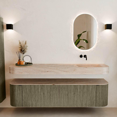 MONDIAZ THOR-DLUX 180cm meuble de salle de bains arrondi gauche + droite couleur Shadow avec 2 tiroirs et 2 portes. Vasque suspendue CLOUD droite sans trou de robinet couleur Saba.