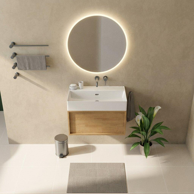 Saniclass Holz Frame Ensemble de meubles de salle de bains - 80x45x52cm - Legend lavabo en céramique blanc - 1 vasque - sans trou de robinet - 1 tiroir - chêne natural mat (bois)