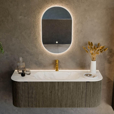 Ensemble de meuble de salle de bain Mondiaz KURVE-DLUX - 130x46x40cm - 1 tiroir - 2 portes - lavabo en solid surface - milieu - 1 trou de robinet - Shadow