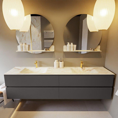 Mondiaz VICA-DLUX Ensemble de meuble de salle de bain - 200cm - meuble sous-vasque gris foncé - 4 tiroirs - lavabo encastré cloud double - 2 trous de robinet - version haute de 60cm - frape