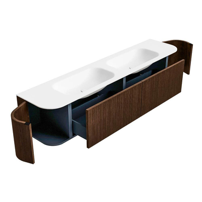 MONDIAZ KURVE Meuble de salle de bains 200cm avec module 25 Len R couleur Walnut avec 2 tiroirs et 2 portes. Lavabo BIG SMALL double sans trou de robinet Talc.