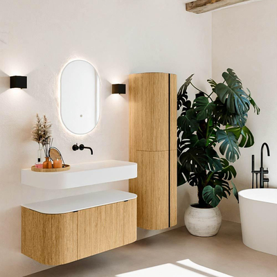 MONDIAZ THOR Meuble de salle de bains 100cm arrondi gauche + droite couleur Oak avec 1 tiroir et 2 portes. Vasque suspendue CLOUD Droite sans trou de robinet couleur Talc.