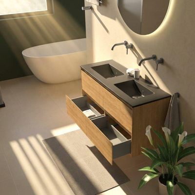Saniclass Holz Pure Ensemble de meubles de salle de bains - 120x45x62cm - Vasque Vygo en céramique noire - 2 vasques - sans trous de robinetterie - 4 tiroirs - chêne natural mat (bois)