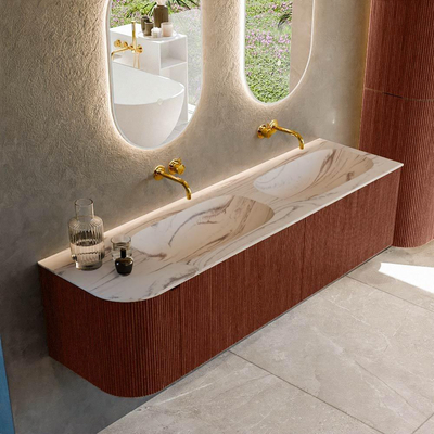 MONDIAZ KURVE-DLUX Meuble de salle de bains 165cm arrondi à gauche couleur Ruby avec 2 tiroirs et 1 porte. Lavabo STOR SMALL Double / Droite sans trou de robinet Nata.