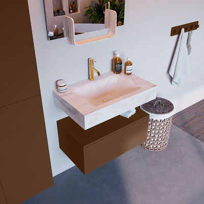 Mondiaz ALAN-DLUX Ensemble de meuble - 70cm - meuble Rust mat - 1 tiroir - Lavabo Cloud Ostra suspendu - vasque Centre - 1 trou de robinet