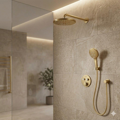 Grohe Grohtherm SmartControl Regendoucheset inbouw - hoofddouche 31cm - handdouche rond - wandarm - slang 125cm - brushed cool sunrise (goud)