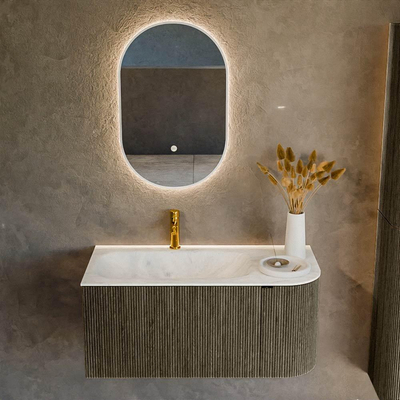 Mondiaz KURVE-DLUX Ensemble de meuble salle de bain - 95x46x40cm - 1 tiroir - 1 porte - lavabo en solid surface - gauche - 1 trou de robinet - Shadow