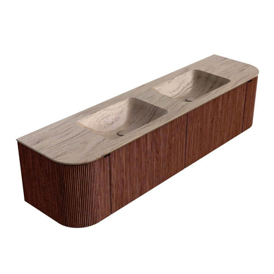 MONDIAZ KURVE-DLUX Meuble de salle de bains 180cm arrondi gauche + droite couleur Ruby avec 2 tiroirs et 2 portes. Lavabo LEAF Double sans trou de robinet Saba.