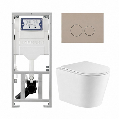 QeramiQ Dely Pack WC - 36.3x51.7cm - à fond creux - sans bride - réservoir encastré Geberit UP320 - abattant WC à fermeture douce - plaque de déclenchement taupe - boutons ronds - blanc mat