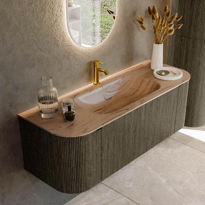 MONDIAZ KURVE-DLUX Meuble de salle de bains 130cm arrondi Gauche + Droite couleur Shadow avec 1 tiroir et 2 portes. Lavabo BIG SMALL Central 1 trou de robinet Arena.