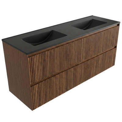 Saniclass Holz Atelier Ensemble de meubles de salle de bains - 140x45x62cm - Lavabo Vygo en céramique noir - 2 vasques - sans trous de robinet - 4 tiroirs - walnut pure mat (bois)