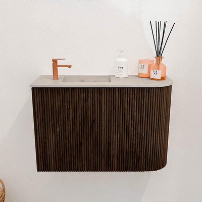 Mondiaz JOYA-DLUX 61.6cm toiletmeubel - ronding rechts kleur Walnut - Wastafel FAYE positie Links 1 kraangat kleur Opalo.