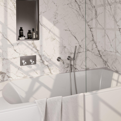 BRAUER Brushed Carving robinet de baignoire encastré thermostatique - boutons poussoirs SET 03 - bec de baignoire - douchette barre - flexible de douche - coude d'alimentation mural - inox brossé PVD